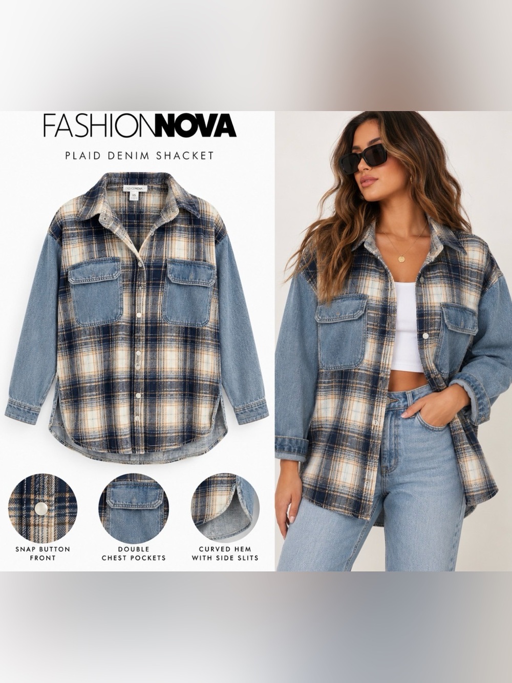 Fashion Nova Plaid Denim Oversized Shacket Button Down Shirt Jacket XS